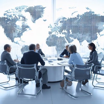 A business team engages in a collaborative discussion at a round table, utilizing financial dashboards for strategic planning in a modern office environment.