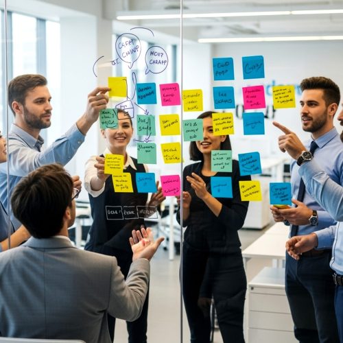 A diverse group of professionals actively engaged in a brainstorming session, using colorful sticky notes on a glass wall.